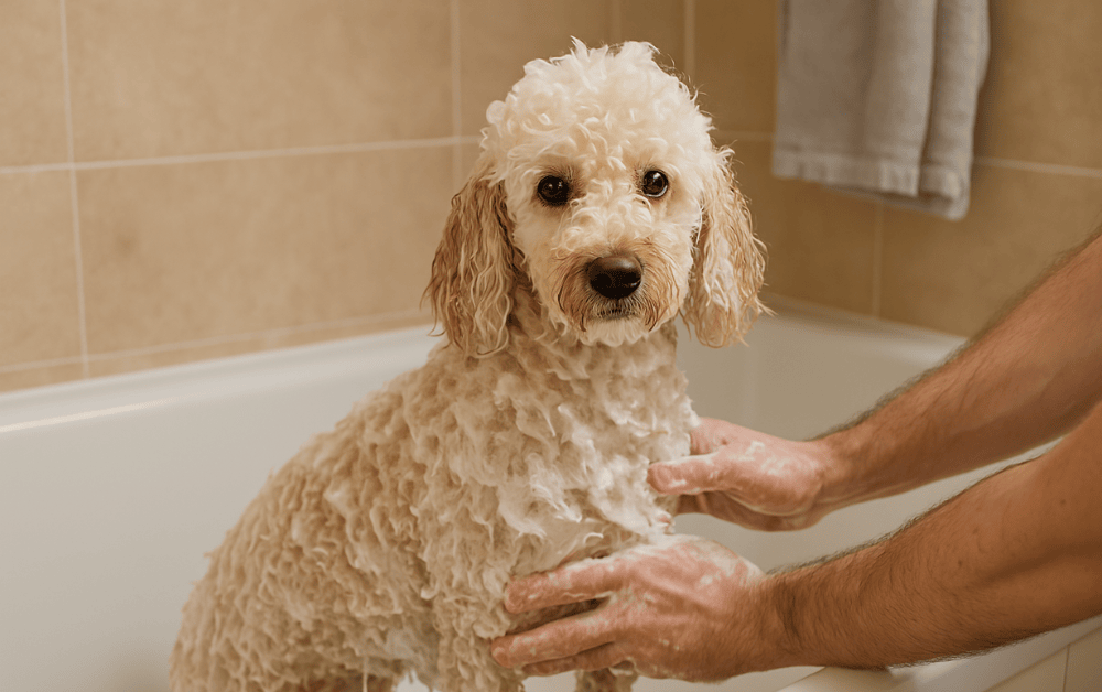 Shampoo is applied to poodle while taking bath