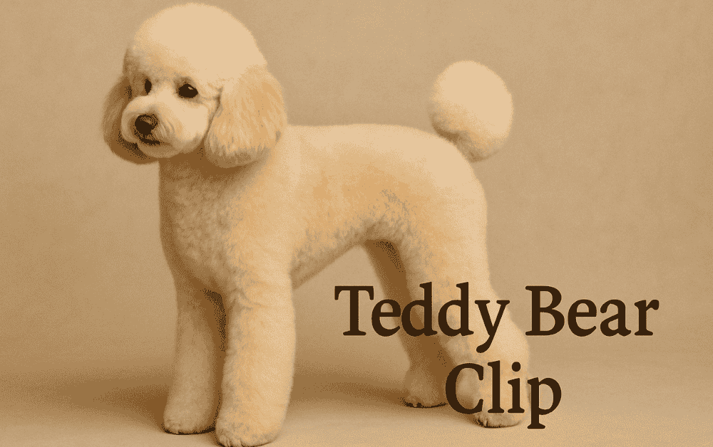 Poodle with teddy bear clip is standing