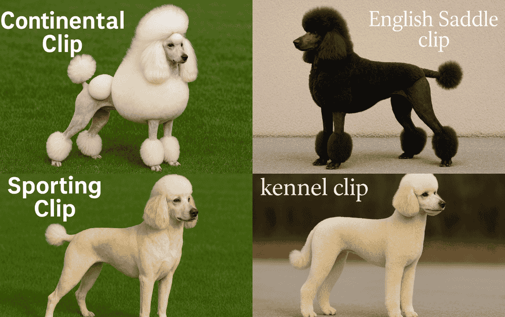 four standard poodles are standing with different haircuts