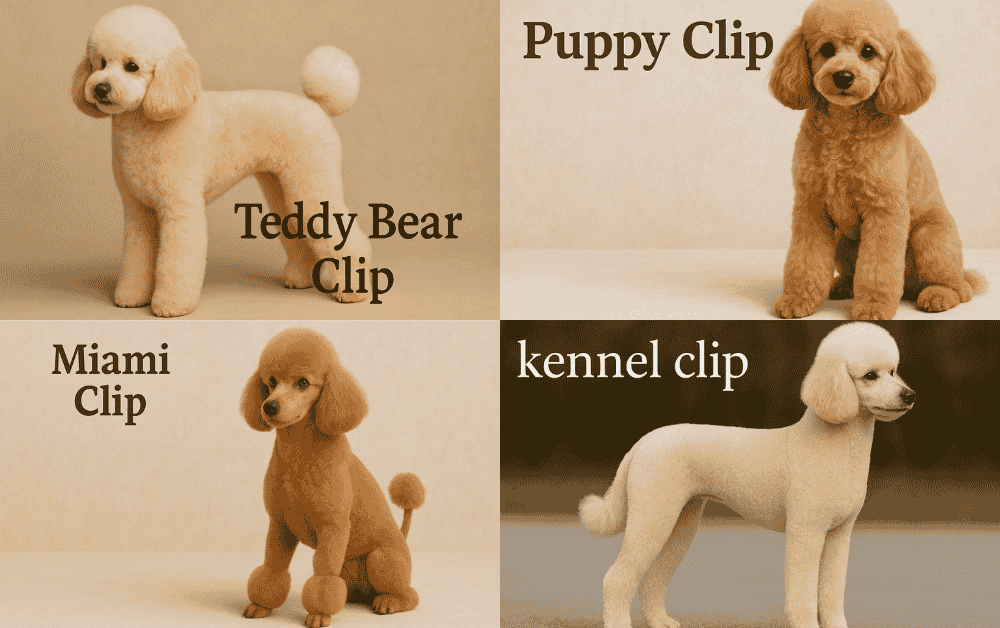 fours poodles each with different poodle clip are standing for miniature poodle