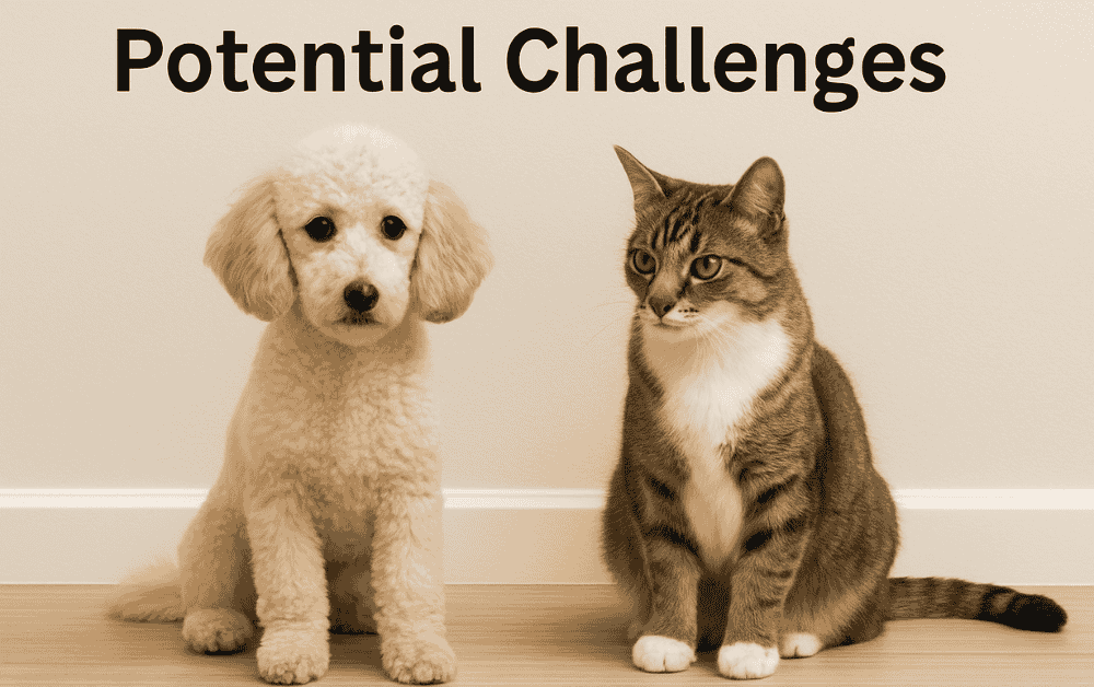 poodle and cat are sitting